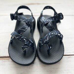 CHACO Cloud Navy Blue Black Marbled WOODSTOCK Sandals Women 8 Dove Guitar EUC